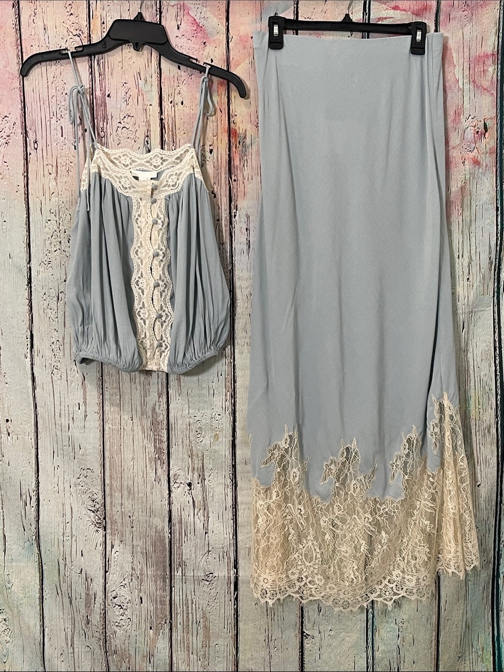 H&M Light Blue Maxi Skirt and Camisole Set with Cream Lace Trim